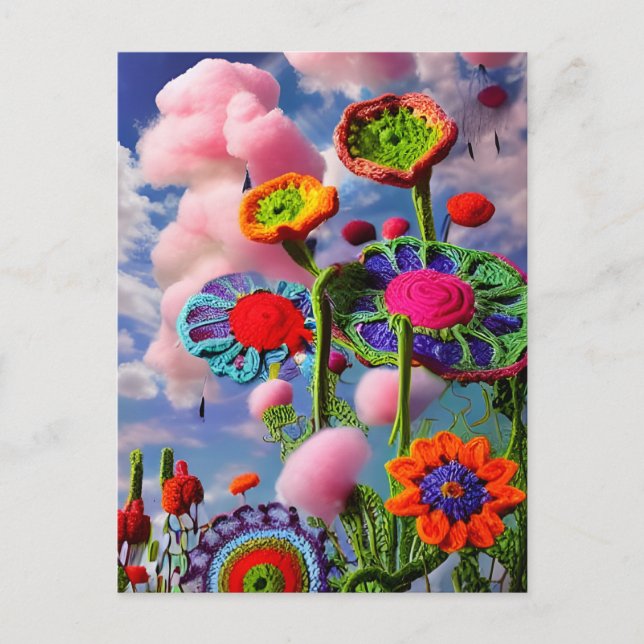 Surreal Crocheted Flowers and Pink Clouds Postcard (Front)