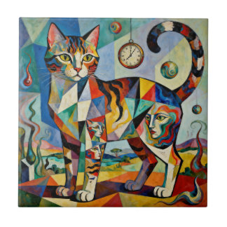 Surreal Cubist Style Cat Art Tile