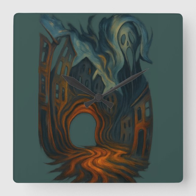 Surreal Dark Cityscape Art Ghostly Figure Painting Square Wall Clock (Front)