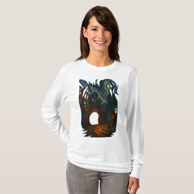 Surreal Dark Cityscape Art Ghostly Figure Painting T-Shirt (Front Full)