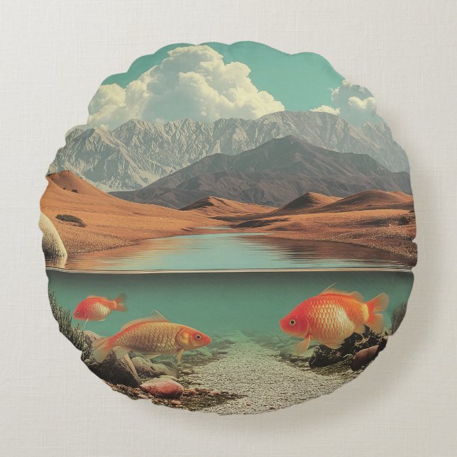 Surreal Desert and Lake with Goldfish Round Cushion (Front)