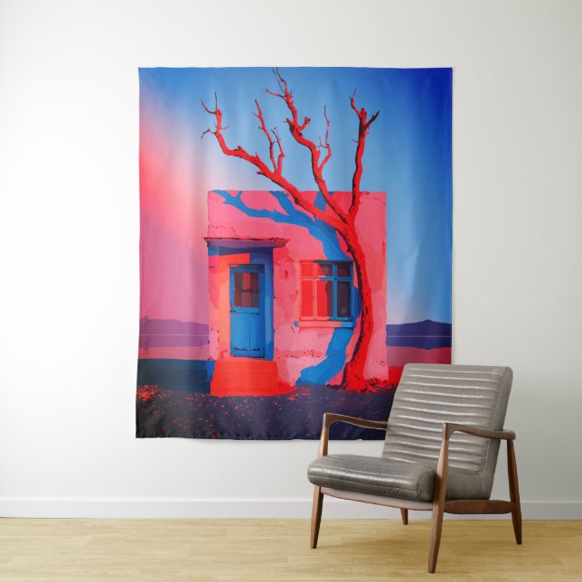 Surreal Desert House Wall Art – Minimalist Tapestry (In Situ)