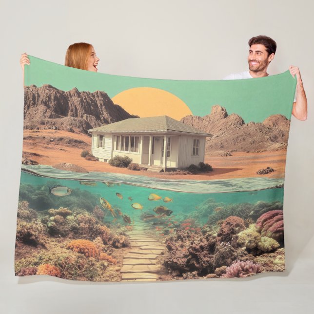 Surreal Desert House with Underwater Reef Fleece Blanket (In Situ)