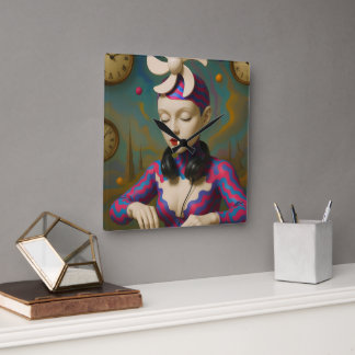 Surreal DJ Girl Psychedelic Futuristic Art Design Square Wall Clock