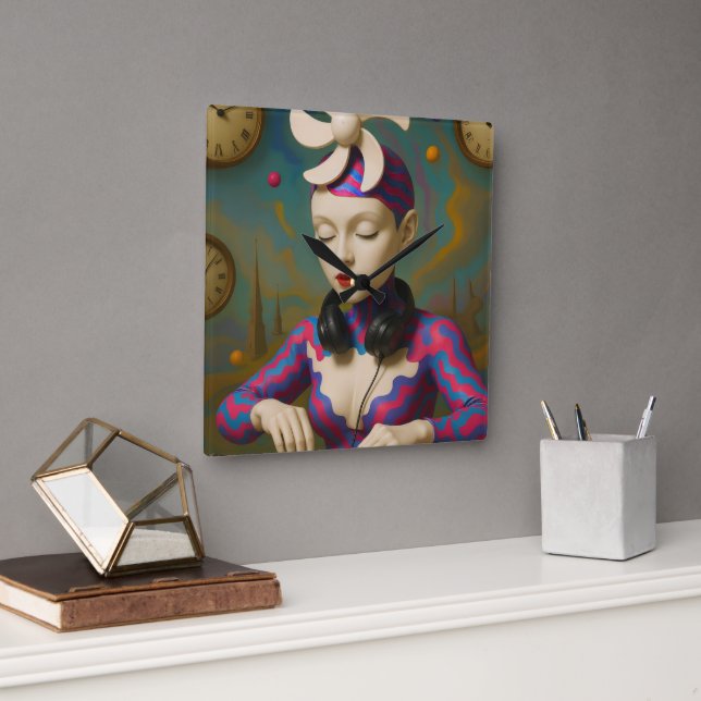 Surreal DJ Girl  Psychedelic Futuristic Art Design Square Wall Clock (Office)