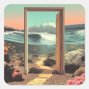 Surreal Doorway Opening to Ocean with Coral Reef Square Sticker