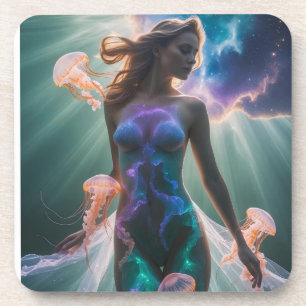 Surreal Double Exposure of Woman and Jellyfish in Coaster