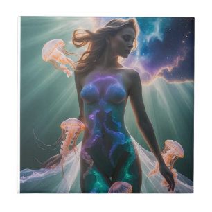 Surreal Double Exposure of Woman and Jellyfish in Tile