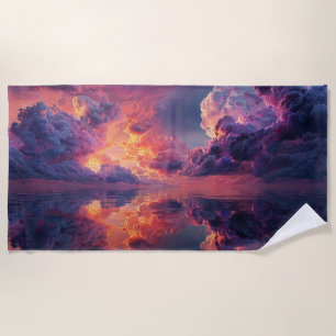 Surreal Dramatic Clouds With Fiery Sunset Beach Towel