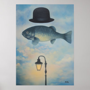Surreal Dreamscape Fish with Bowler Hat Poster