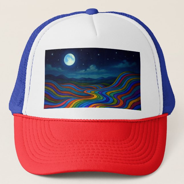Surreal Dreamscape Moonlight Rainbow Land Trucker Hat (Front)