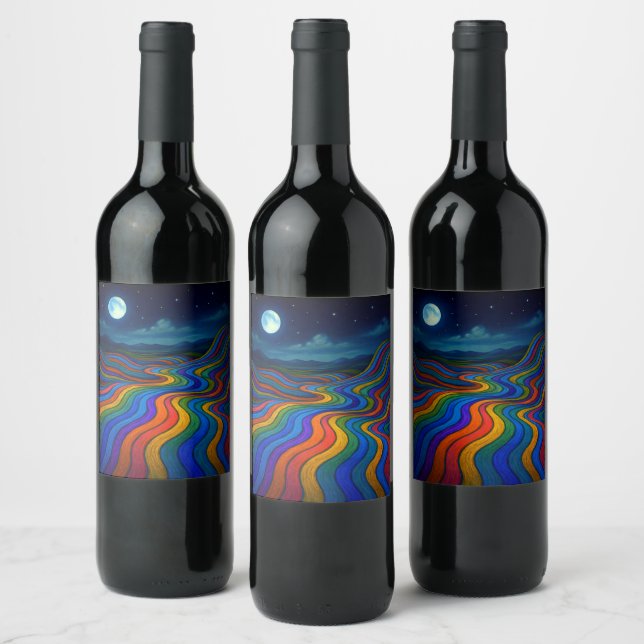Surreal Dreamscape Moonlight Rainbow Land Wine Label (Bottles)