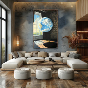 Surreal Dreamscape of Floating Earth in Room Poster