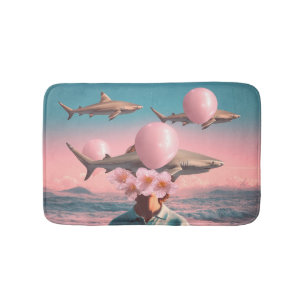 Surreal Dreamscape with Sharks and Balloons Bath Mat