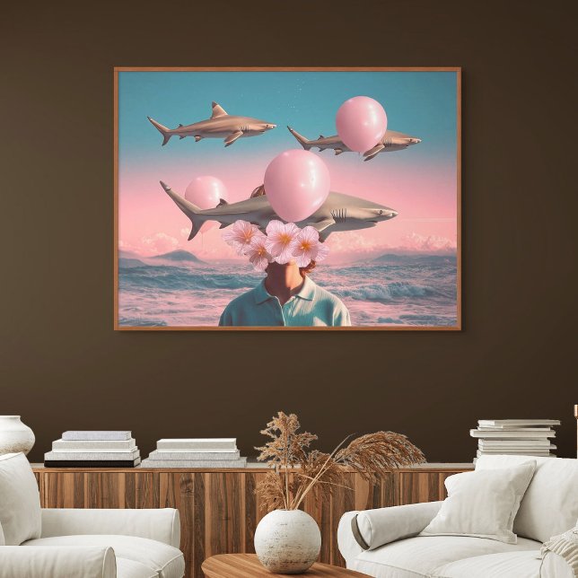 Surreal Dreamscape with Sharks and Balloons Canvas Print (Surreal Dreamscape with Sharks and Balloons)