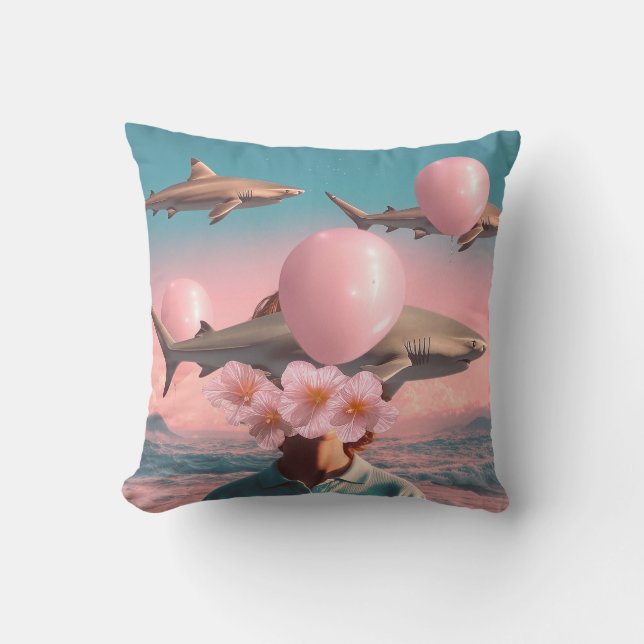 Surreal Dreamscape with Sharks and Balloons Cushion (Front)
