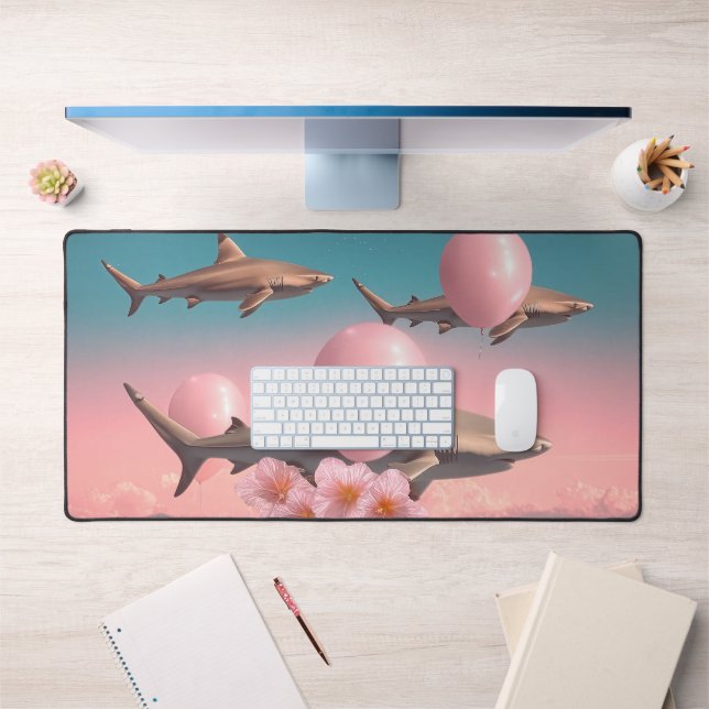 Surreal Dreamscape with Sharks and Balloons Desk Mat (Office 1)