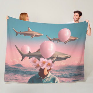 Surreal Dreamscape with Sharks and Balloons Fleece Blanket