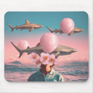 Surreal Dreamscape with Sharks and Balloons Mouse Pad