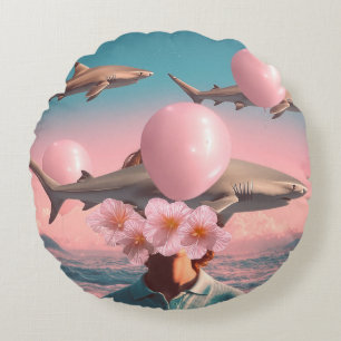 Surreal Dreamscape with Sharks and Balloons Round Cushion