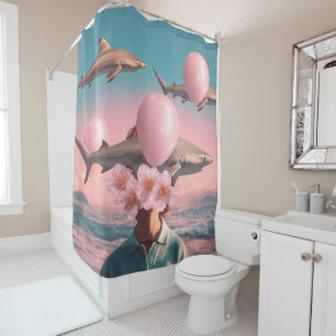 Surreal Dreamscape with Sharks and Balloons Shower Curtain