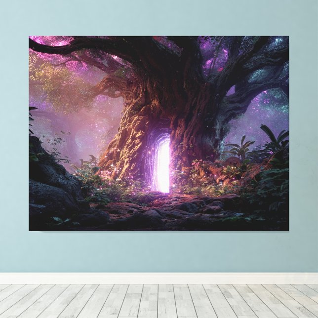 Surreal Enchanted Tree With Glowing Portal Canvas Print (Insitu(Wood Floor))