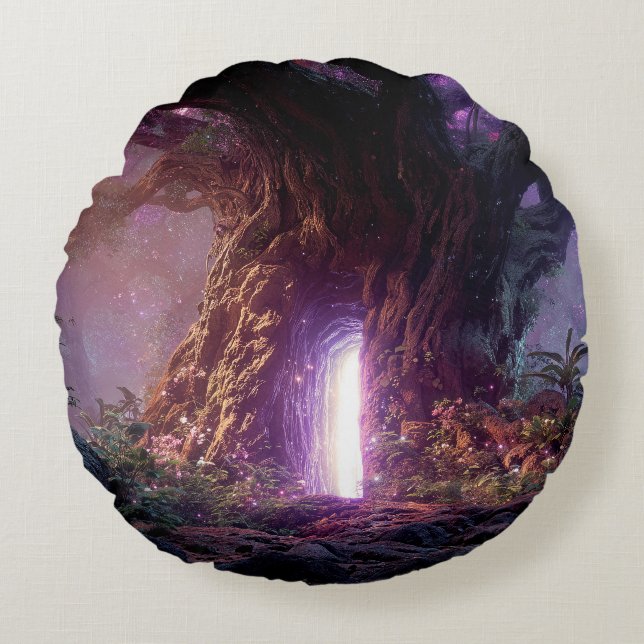 Surreal Enchanted Tree With Glowing Portal Round Cushion (Front)