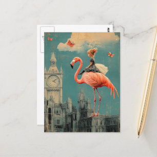 Surreal Fantasy Child Rides on a Pink Flamingo Postcard