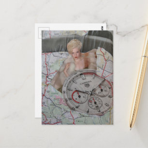 Surreal Fashion Lady Watch and Map collage Postcard