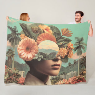 Surreal Female Portrait with Floral Elements Fleece Blanket