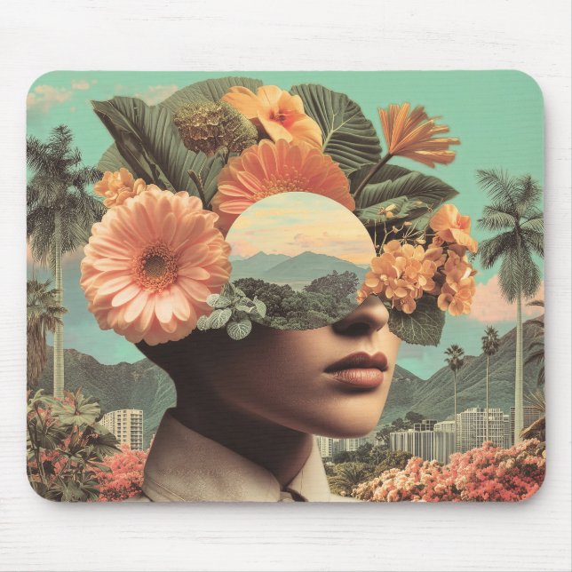 Surreal Female Portrait with Floral Elements Mouse Pad (Front)