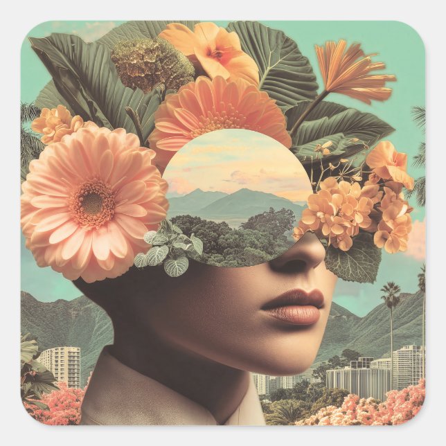Surreal Female Portrait with Floral Elements Square Sticker (Front)