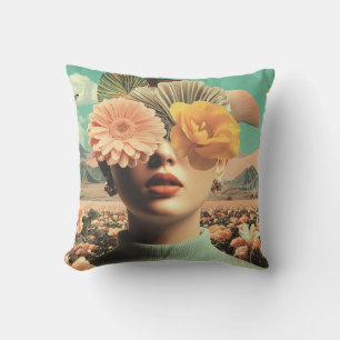 Surreal Female Portrait With Flowers Covering Eyes Cushion