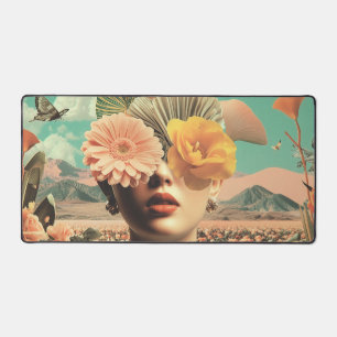Surreal Female Portrait With Flowers Covering Eyes Desk Mat