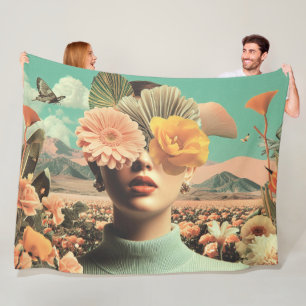Surreal Female Portrait With Flowers Covering Eyes Fleece Blanket