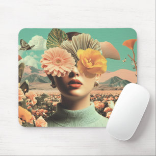 Surreal Female Portrait With Flowers Covering Eyes Mouse Pad