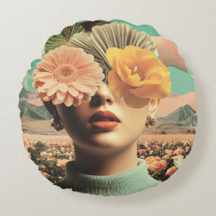 Surreal Female Portrait With Flowers Covering Eyes Round Cushion