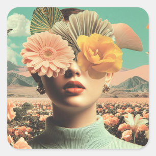 Surreal Female Portrait With Flowers Covering Eyes Square Sticker