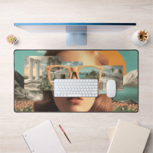 Surreal female portrait with retro sunglasses desk mat