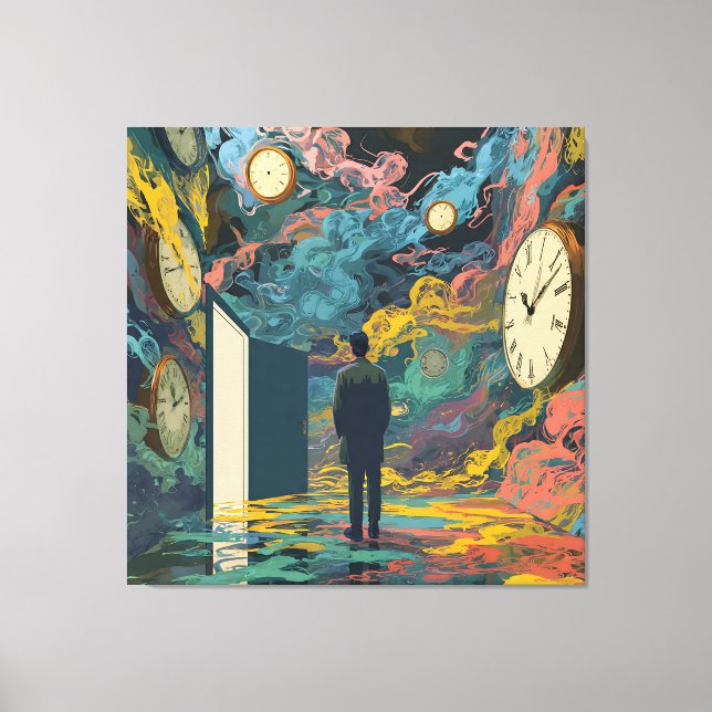 Surreal Figure Room Swirling Clocks Smoke Wall Art (Front)