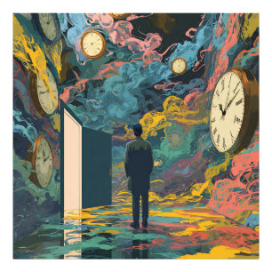 Surreal Figure Room Swirling Clocks Smoke Wall Art