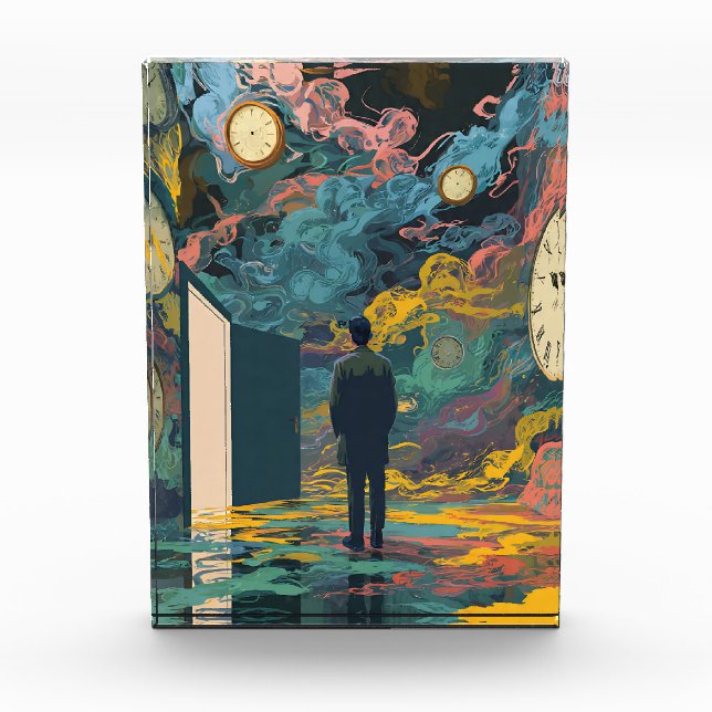 Surreal Figure Room Swirling Clocks Smoke Wall Art Photo Block (Front)