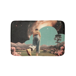 Surreal figure walking into galaxy gateway bath mat