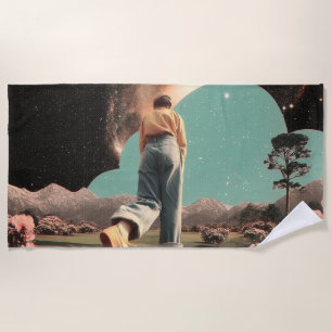 Surreal figure walking into galaxy gateway beach towel