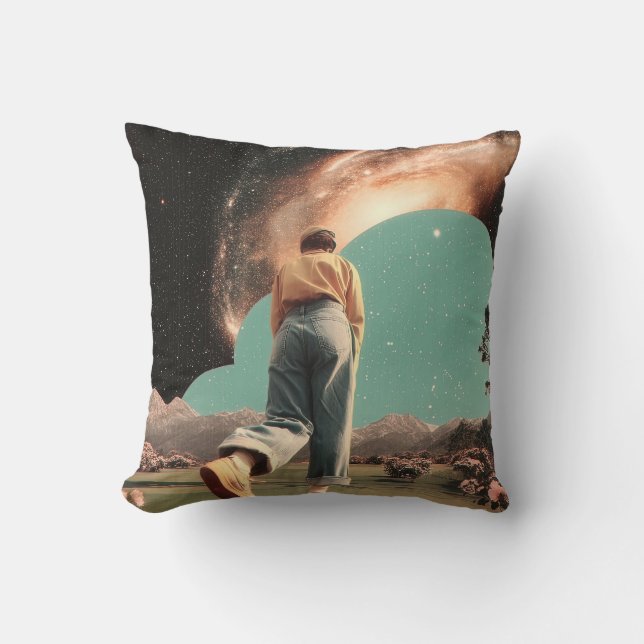 Surreal figure walking into galaxy gateway cushion (Front)