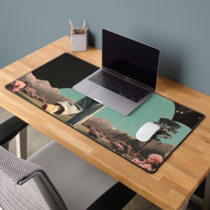 Surreal figure walking into galaxy gateway desk mat