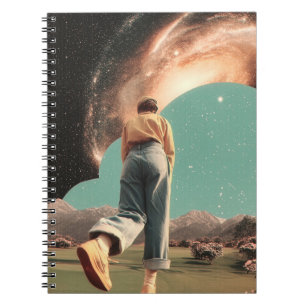 Surreal figure walking into galaxy gateway notebook