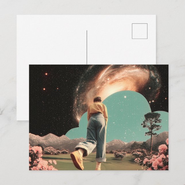 Surreal figure walking into galaxy gateway postcard (Front/Back)
