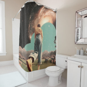 Surreal figure walking into galaxy gateway shower curtain