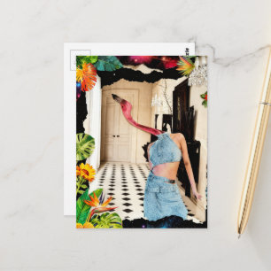 Surreal Flamingo Wearing Blue with flowers collage Postcard